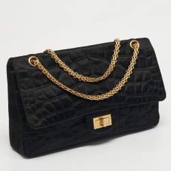 Pre Owned Chanel Reissue 2.55 227 Black Croc Effect Satin Flap Bag