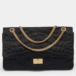 Pre Owned Chanel Reissue 2.55 227 Black Croc Effect Satin Flap Bag