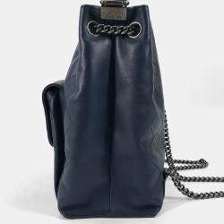 Pre Owned Chanel Matelasse Cc Coco Mark Chain 3-Way Drawstring Handbag Bag Shoulder Leather Blue