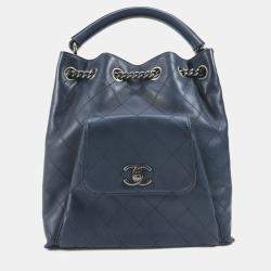 Pre Owned Chanel Matelasse Cc Coco Mark Chain 3-Way Drawstring Handbag Bag Shoulder Leather Blue