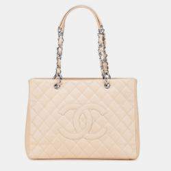 Pre Owned Chanel Matelasse Coco Mark Chain Tote Bag In Beige Caviar Leather