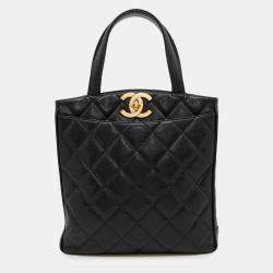 Pre Owned Chanel Matelasse Coco Mark Caviar Skin Tote Bag Deka Handbag Black