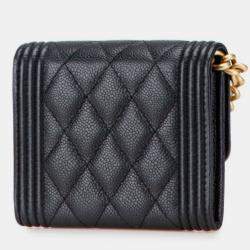 Pre Owned Chanel Matelasse Boy Chanel Coco Mark Chain Shoulder Wallet In Black Caviar Skin