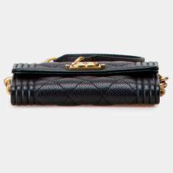 Pre Owned Chanel Matelasse Boy Chanel Coco Mark Chain Shoulder Wallet In Black Caviar Skin