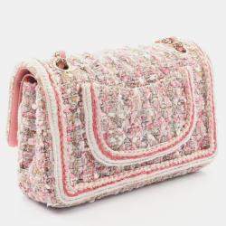 Pre Owned حقيبة كتف شانيل مضفرة تويد وردية قلاب مزدوج كلاسيكية مستطيلة