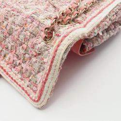 Pre Owned حقيبة كتف شانيل مضفرة تويد وردية قلاب مزدوج كلاسيكية مستطيلة