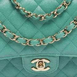 Pre Owned Chanel Classic Double Flap Green Caviar Quilted Leather Flap Bag