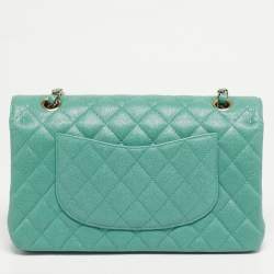 Pre Owned Chanel Classic Double Flap Green Caviar Quilted Leather Flap Bag
