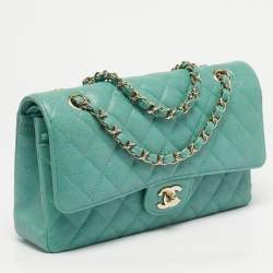 Pre Owned Chanel Classic Double Flap Green Caviar Quilted Leather Flap Bag
