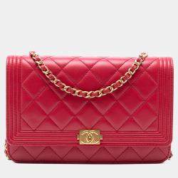 Pre Owned محفظة بسلسلة شانيل بوي جلد خروف مبطن أحمر