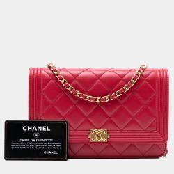 Pre Owned محفظة بسلسلة شانيل بوي جلد خروف مبطن أحمر