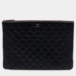 Pre Owned Chanel Black Large CC Quilted Lambskin O Case Clutch