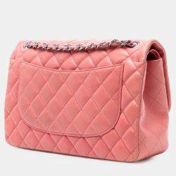 مملوكة مسبقًا حقيبة شانيل كلاسيك جلد لامبسكين وردي جامبو بقلاب مزدوج