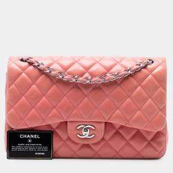 مملوكة مسبقًا حقيبة شانيل كلاسيك جلد لامبسكين وردي جامبو بقلاب مزدوج