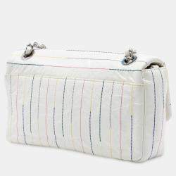 Pre Owned Chanel White Distressed Calfskin Straight Line Stitch Flap