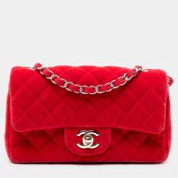 Pre Owned Chanel Red Mini Rectangular Classic Velvet Single Flap