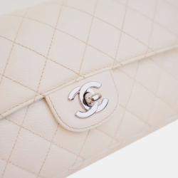 Pre Owned Chanel White Classic Caviar East West Single Flap