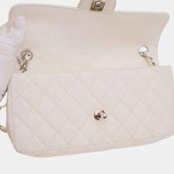 Pre Owned Chanel White Classic Caviar East West Single Flap