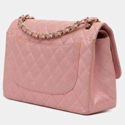 مملوكة مسبقًا حقيبة شانيل اليدوية كبيرة كلاسيكية جلد كافيار لؤلؤية وردية قلاب مزدوج