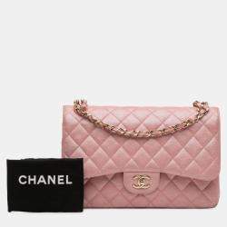 مملوكة مسبقًا حقيبة شانيل اليدوية كبيرة كلاسيكية جلد كافيار لؤلؤية وردية قلاب مزدوج