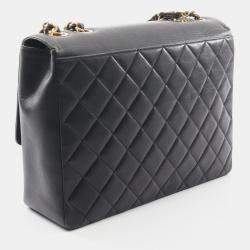 Pre Owned Chanel Vintage CC Maxi Jumbo Black Lambskin Quilted Flap Bag