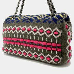 مملوكة مسبقًا Chanel Cc Logo Knit Shoulder Bag Khaki/Multicolor Knit Size 25