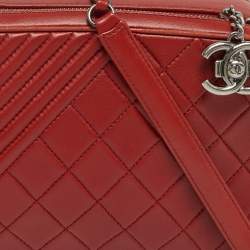 Pre Owned Chanel Coco Boy Medium Red Quilted Leather Camera Bag