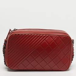 Pre Owned Chanel Coco Boy Medium Red Quilted Leather Camera Bag