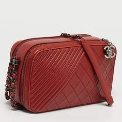 Pre Owned Chanel Coco Boy Medium Red Quilted Leather Camera Bag