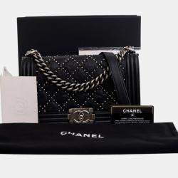 مملوكة مسبقًا Chanel Black Old Medium Quilted Crumpled Calfskin Studded Boy Flap