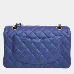 Pre Owned Chanel Blue Small Classic Iridescent Caviar Double Flap