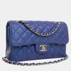 Pre Owned Chanel Blue Small Classic Iridescent Caviar Double Flap