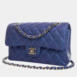 Pre Owned Chanel Blue Small Classic Iridescent Caviar Double Flap