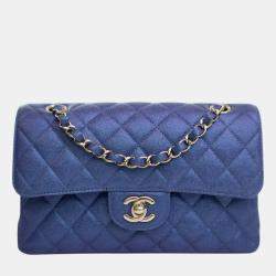 Pre Owned Chanel Blue Small Classic Iridescent Caviar Double Flap