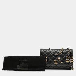 Pre Owned محفظة شانيل مشابك كوكو بسلسلة جلد حمل مبطن شارة CC سوداء