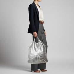 Pre Owned Chanel Rodeo Drive XL Metallic Silver Perforated Leather Bag