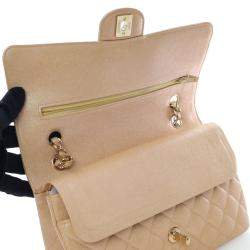 Pre Owned حقيبة شانيل فلاب مزدوج كلاسيكية حجم متوسط كافيار بيج لؤلؤي