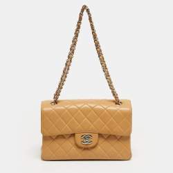 Pre Owned حقيبة شانيل كلاسيك جلد بيج مبطن صغيرة بوجهين