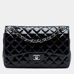 مملوكة مسبقًا حقيبة شانيل كلاسيكية مزدوجة قلاب جلد لامع كبيرة سوداء