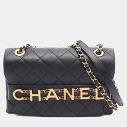 Pre Owned Chanel Matelasse Logo Shoulder Bag Lambskin Leather Black