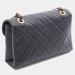 Pre Owned Chanel Matelasse Logo Shoulder Bag Lambskin Leather Black