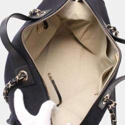 Pre Owned Chanel Deauville Shoulder Bag Canvas Leather Navy
