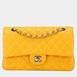 Pre Owned Chanel Matelasse Coco Mark Double Flap Chain Shoulder Bag In Yellow And Silver Lambskin