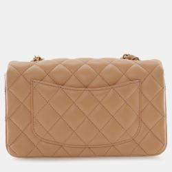 Pre Owned حقيبة شانييل كلاسيك جلد حمل بني مستطيل صغير قلاب واحد