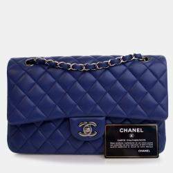 Pre Owned Chanel Blue Medium Classic Lambskin Double Flap