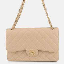 Pre Owned Chanel Matelasse Chain shoulder Bag Beige Caviar Leather Size 30