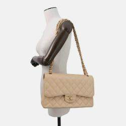 Pre Owned Chanel Matelasse Chain shoulder Bag Beige Caviar Leather Size 30