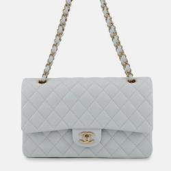 Pre Owned Chanel Matelasse W Flap Chain shoulder Bag Light Blue Caviar Leather Size 25