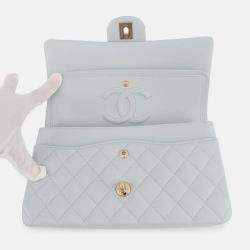 Pre Owned Chanel Matelasse W Flap Chain shoulder Bag Light Blue Caviar Leather Size 25