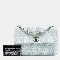 Pre Owned Chanel Blue White CC Quilted Tweed Chain Flap